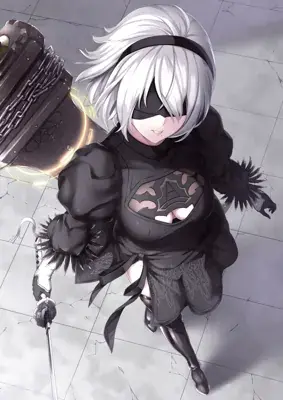 Girl with white hair and black clothes holding a sword