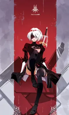 Thumbnail of Girl with white hair and black clothes sitting on a red box - Nier Art