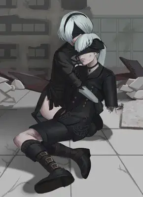 Girl with white hair and black clothes sitting on the floor