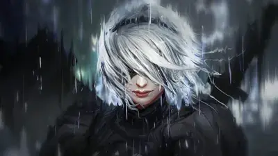 Girl with white hair and black clothes standing in the rain
