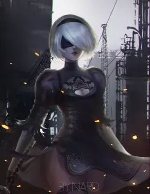 Girl with white hair and black dress standing in front of a city