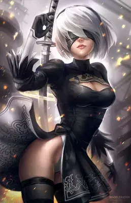 Girl with white hair and black gloves holding a sword