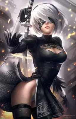Girl with white hair and black gloves holding a sword