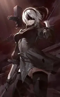 Girl with white hair and black hair holding a gun