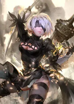 Girl with white hair and black hair holding two swords