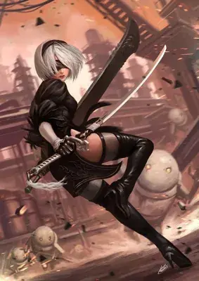 Girl with white hair and black hair is holding a sword in her hand