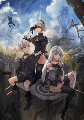 A vibrant digital illustration of 2B, 9S, and A2 from NieR:Automata. 2B stands tall in her black dress looking at the sky, while 9S and A2 sit beside her on a rusty metal structure in a sunny, overgrown post-apocalyptic city.