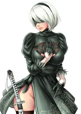Digital art of 2B from NieR: Automata in her black dress and blindfold, posing elegantly with her hand on her chest.