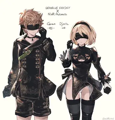 Illustration of 9S and 2B in Granblue Fantasy inspired outfits.