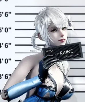Kaine from Nier series mugshot artwork - digital illustration showing character holding an NYPD sign