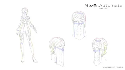 Character design sheet of Lily from Nier Automata Ver1.1a showing detailed outfit and mask variations