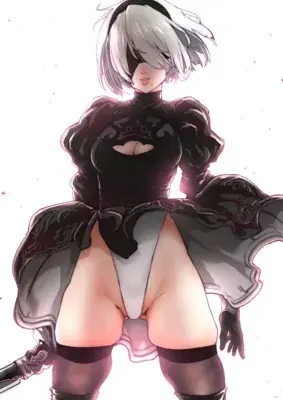 Digital illustration of 2B (NieR: Automata) shown from an extreme low angle, highlighting her white leotard beneath her black ruffled dress. She wears her signature blindfold and white hair.