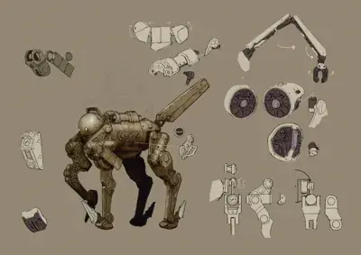 Technical illustration of a machine unit from Nier Automata showing mechanical breakdown and industrial aesthetic component design.