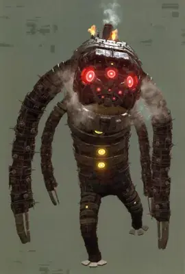 Machine Lifeform from Nier Automata - digital artwork showing a towering combat machine with glowing red sensors and steam