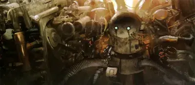 Machine lifeform from Nier Automata amidst mechanical debris - digital artwork showing the bleak atmosphere of the game