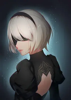 A digital painting of 2B from NieR: Automata seen from the side, wearing her signature black dress and blindfold against a moody dark background with blue light.