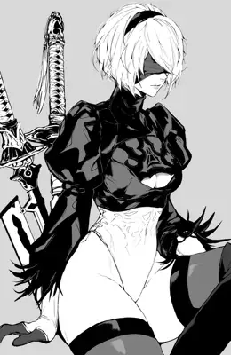 Digital black and white drawing of 2B from NieR: Automata sitting in a graceful pose, wearing her signature blindfold and black dress, with swords in the background.