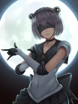 Digital art of 2B from NieR:Automata standing against a large moon.