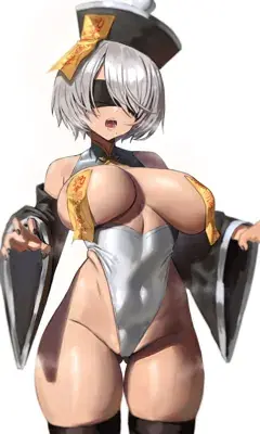 A digitally rendered anime-style android character from NieR: Automata, featuring white hair, a blindfold, and a provocative outfit with golden talismans, in a striking pose against a white background.
