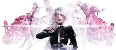 Digital art of A2 holding a sword vertically, surrounded by a pink-tinted collage of characters like 2B, 9S, and robots from NieR: Automata.