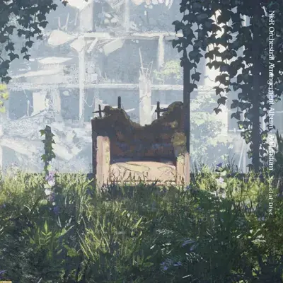Artwork of a moss-covered, decaying throne situated in a lush, overgrown forest setting, representing the atmospheric ruins of Nier Automata.
