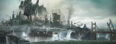 Dystopian industrial landscape from Nier Automata featuring decaying factories and waterfalls - digital artwork