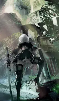 Digital art of 2B and 9S in a post-apocalyptic, overgrown city. 2B stands in the foreground with her sword, looking up, while 9S is visible further back among the ruins.
