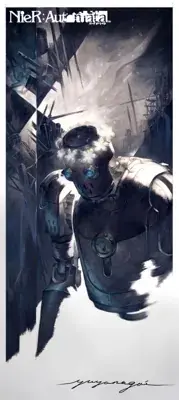 A poignant illustration of a machine unit wearing a flower crown in the ruined world of Nier Automata