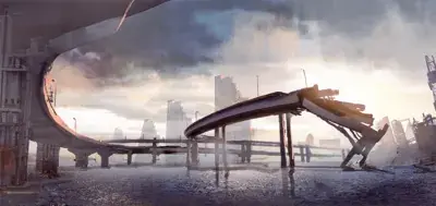 Post-apocalyptic urban landscape from Nier Automata - digital artwork showing crumbling highway overpasses and a ruined city skyline over water