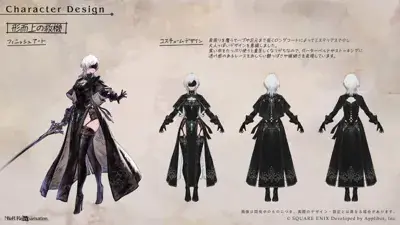 Character design sheets for 2B from NieR:Automata, showing her outfit details and variations in headwear.
