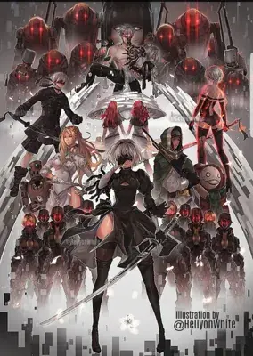 Illustration of 2B and other characters from NieR:Automata surrounded by machine lifeforms.