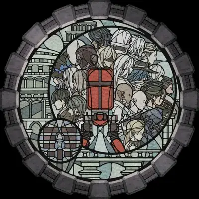 Stained glass style artwork featuring 2B, 9S, A2, Emil, and a red machine unit from NieR:Automata.