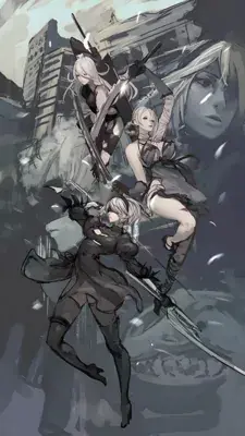 Illustration of 2B, 9S, and A2 in a post-apocalyptic setting.