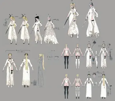 Concept art featuring multiple design variations of female android characters from NieR:Automata.
