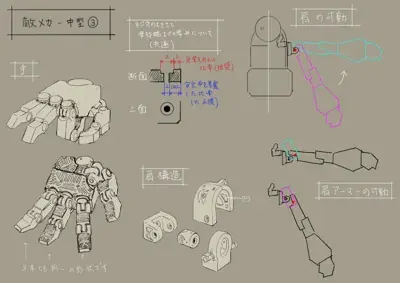 Technical schematics and design drawings of Nier Automata machine parts and robotic joints