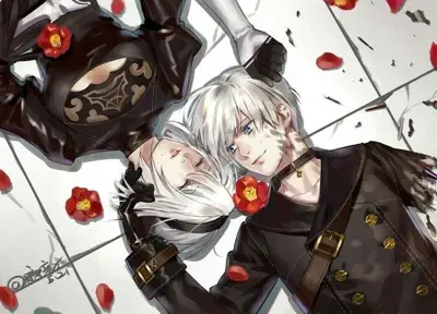 Digital drawing showing 2B and 9S lying down together on a white floor decorated with red camellia flowers. 2B, in her black outfit, closes her eyes while her hand rests on 9S's white hair. 9S smiles gently at the viewer.