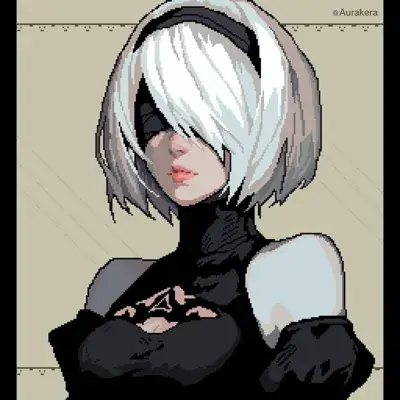 Pixel art depiction of 2B from NieR:Automata.