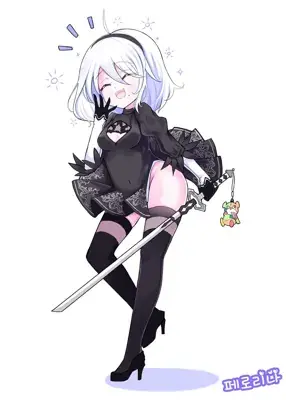 Anime-style illustration of 2B from NieR:Automata in a playful pose.
