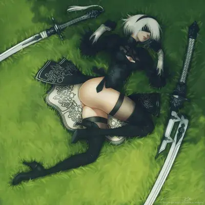 A digital art piece of 2B from NieR: Automata lying on a green grass field with her swords.