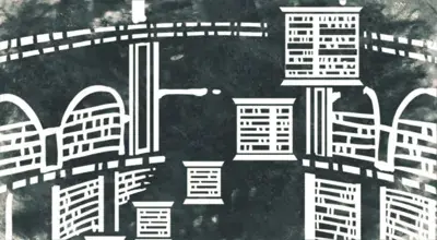 Abstract depiction of a ruined city in the style of NieR:Automata.