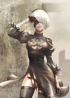 Digital artwork featuring 2B from NieR: Automata, standing in a destroyed city landscape, shading her eyes from the bright, hazy light.