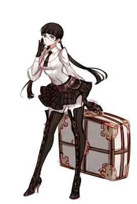 Illustration of 9S in a school uniform leaning against a suitcase.