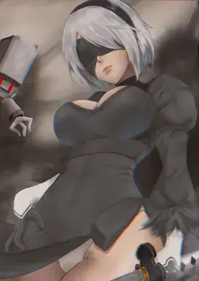 Digital art of 2B from NieR:Automata lying down with a peaceful expression.