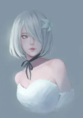 Digital painting of 9S from NieR:Automata with white hair and a flower in his hair.