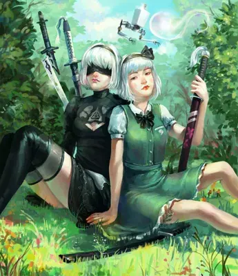 A digital illustration of 2B from NieR: Automata and Youmu Konpaku sitting back-to-back in a sunny forest with their swords and a Pod.