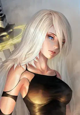 Digital art of A2 from NieR: Automata featuring her long white hair and a glowing sword hilt.