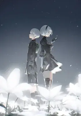 9S and 2B standing back-to-back in a field of glowing flowers.