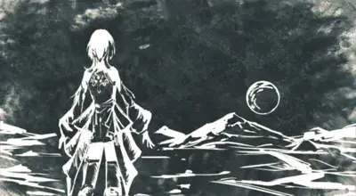 9S standing in a desolate landscape with a large moon in the background.