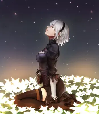 A digital painting of 2B from NieR: Automata crying while kneeling in a field of glowing white flowers at night.