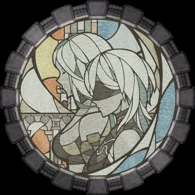 9S and 2B in a stained-glass style illustration.